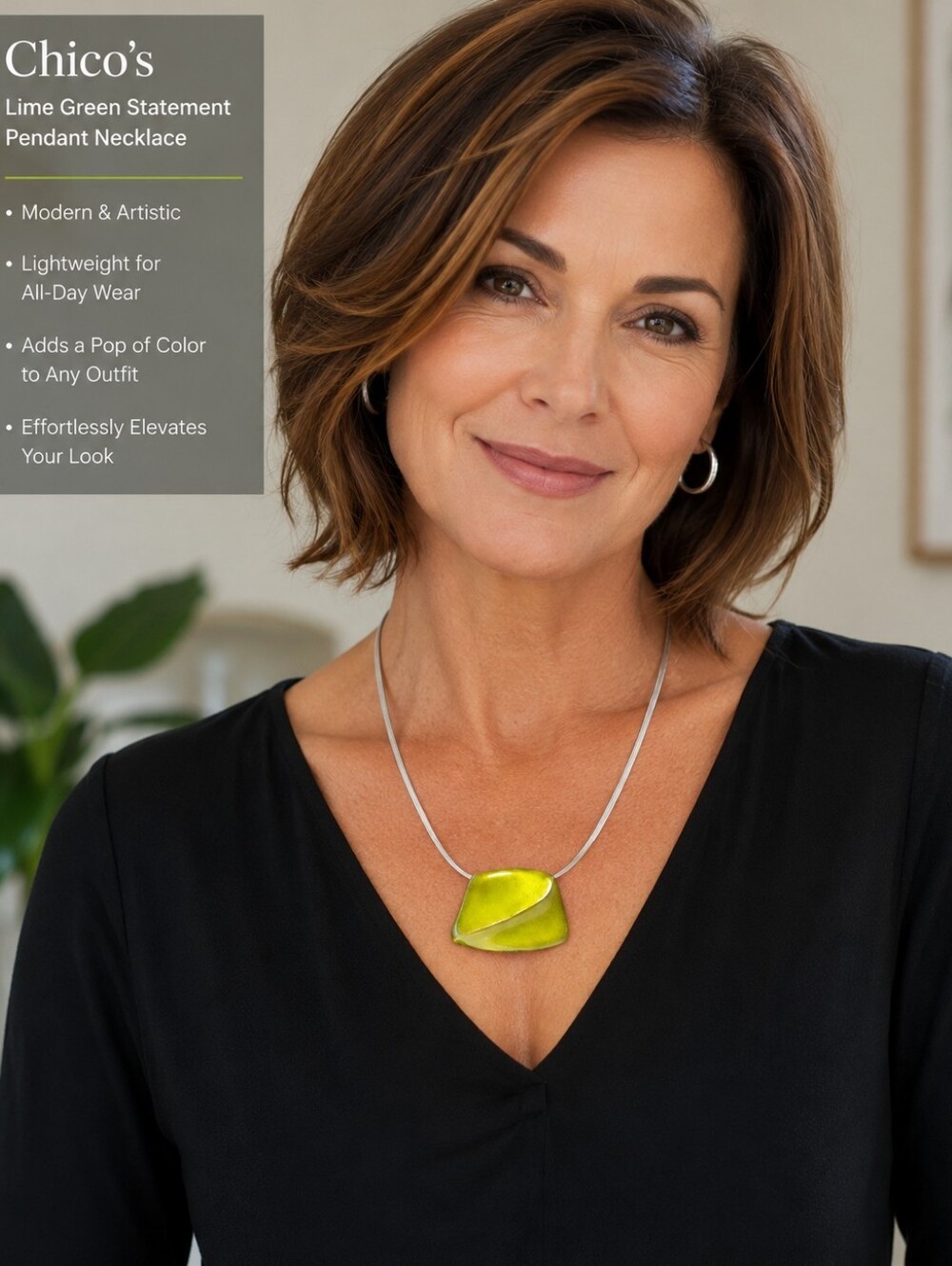 Chico's Lime Green Statement Pendant Necklace Silver Multi-Strand 17" Adjustable